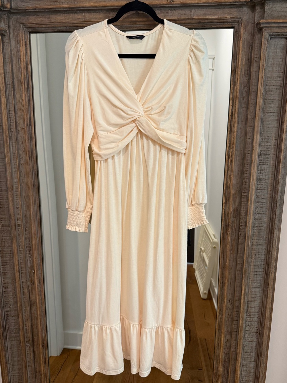 Cream Twist-Front Long Sleeve Midi Dress